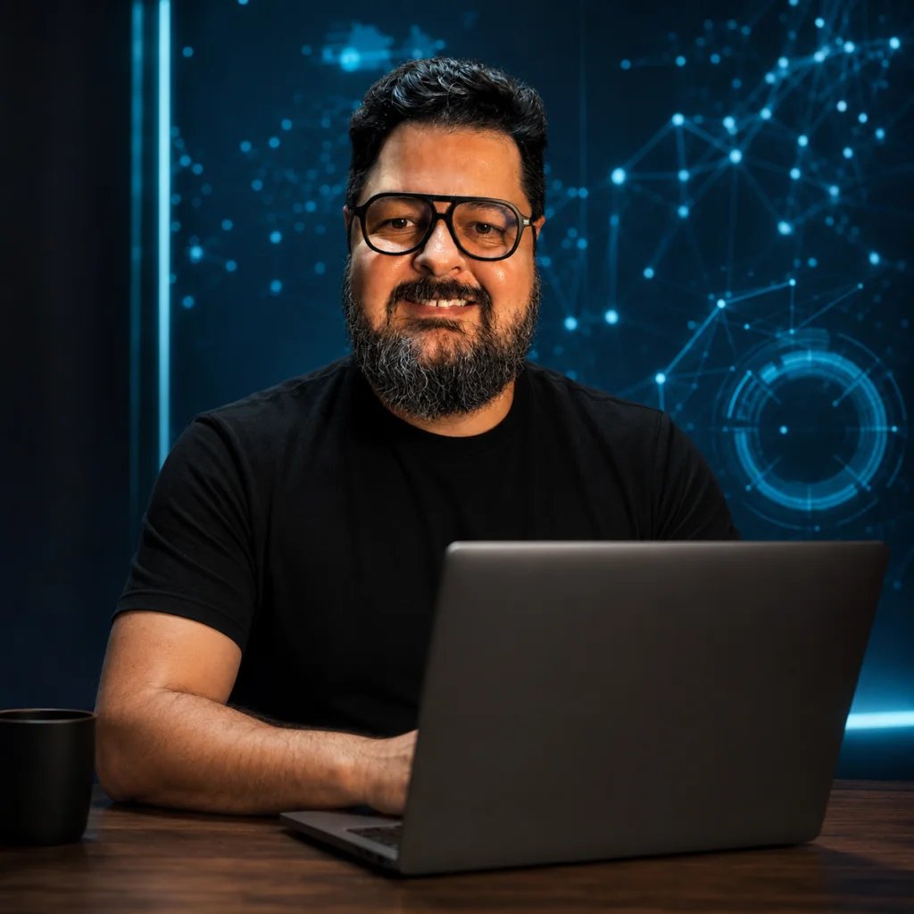 Luiz Borges em seu ambiente de trabalho com inteligência artificial