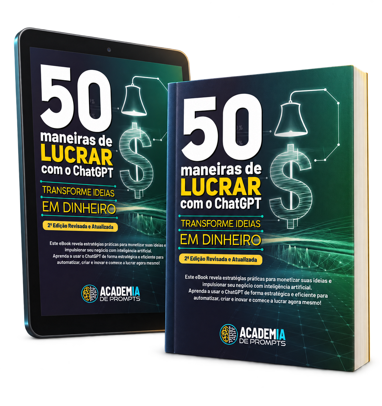 Ebook em um tablet e versão impressa do livro 50 Maneiras de Lucrar com o ChatGPT