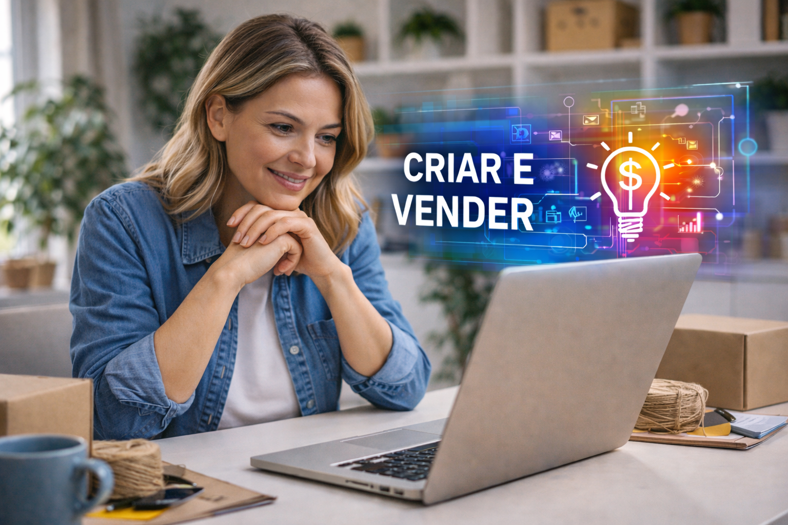 Empreendedora usando IA para criar e vender